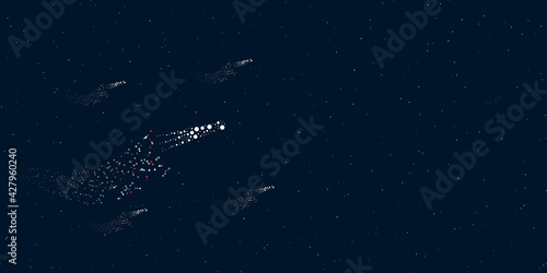 A comet symbol filled with dots flies through the stars leaving a trail behind. Four small symbols around. Empty space for text on the right. Vector illustration on dark blue background with stars