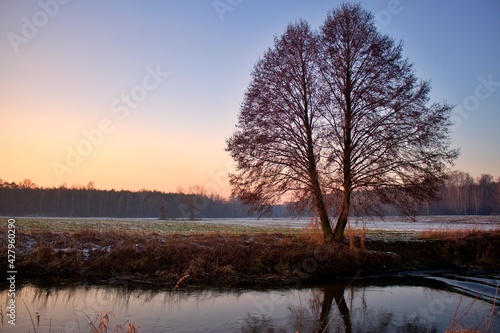 Zachód słońca zimą w dolinie rzeki Prosny