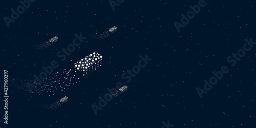 Fototapeta Naklejka Na Ścianę i Meble -  A integrated circuit symbol filled with dots flies through the stars leaving a trail behind. There are four small symbols around. Vector illustration on dark blue background with stars