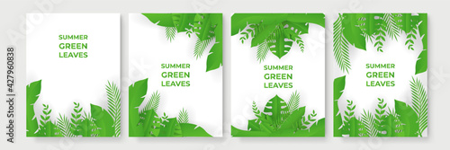Green summer background with tropical papercut leaves. Collection of vertical summer backgrounds with frames or borders made of green tropical palm leaves or jungle exotic foliage and place for text. 