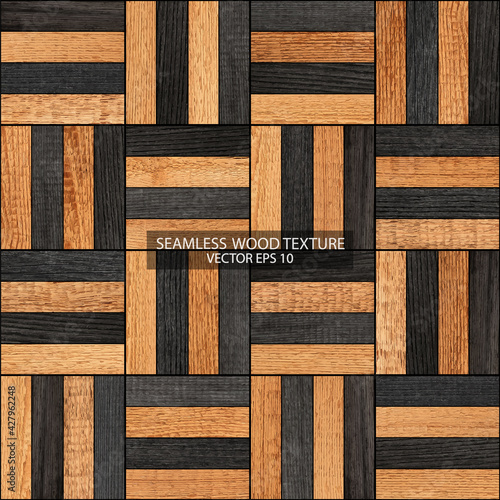Seamless wooden background,  EPS 10 vector. Rustic parquet floor texture with square pattern. Wooden planks.