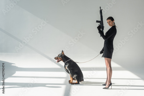 confident woman with rifle near doberman on chain leash on grey background with shadows