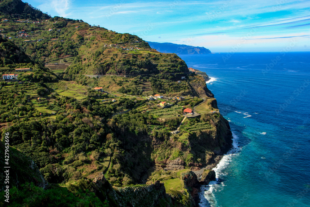 View from Arco de São Jorge coastal hiking path towards Miradouro de São Cristovão, Madeira, Portugal