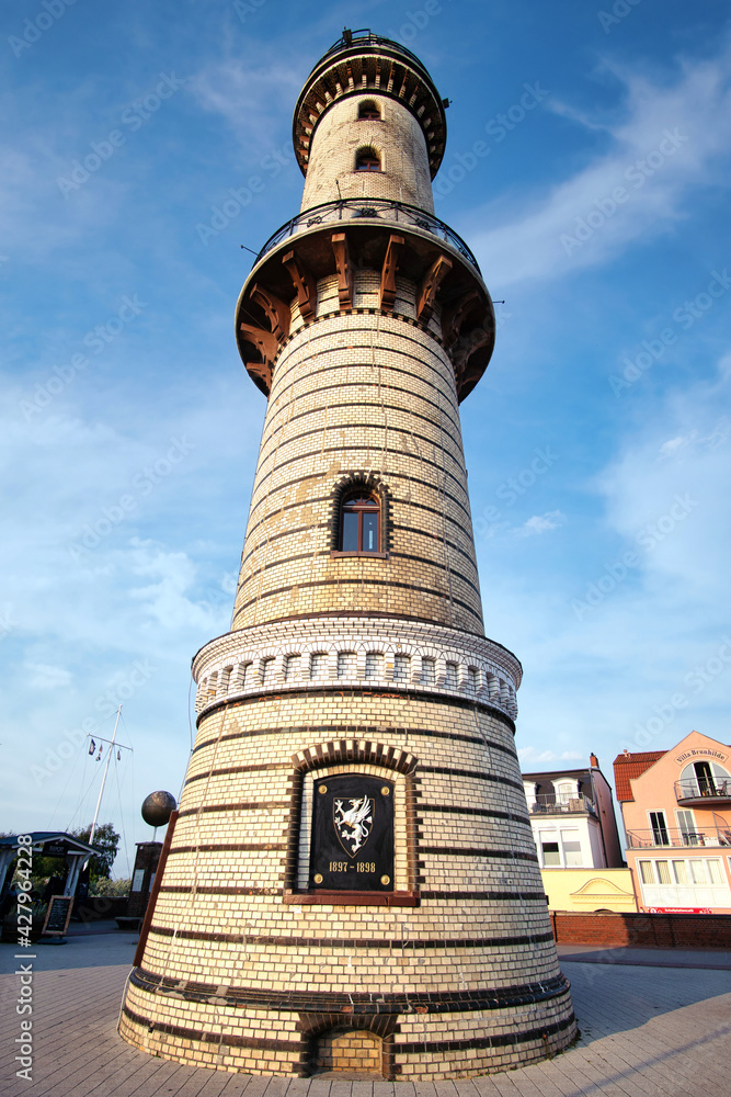 Rostock, Germany - August 4, 2020: lighthouse in Warnemuende Rostock.