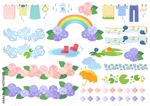 梅雨の飾りライン素材とワンポイントイラストセット