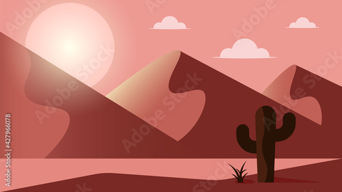 Desert hills, cactus near big mountain. Vector yellow background illustration.	