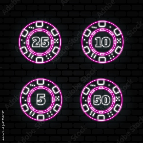 Poker chips neon collection vector icons set. Isolated on black Background. Casino Emblems and Labels, Bright Neon Sign, Poker. Vector illustration