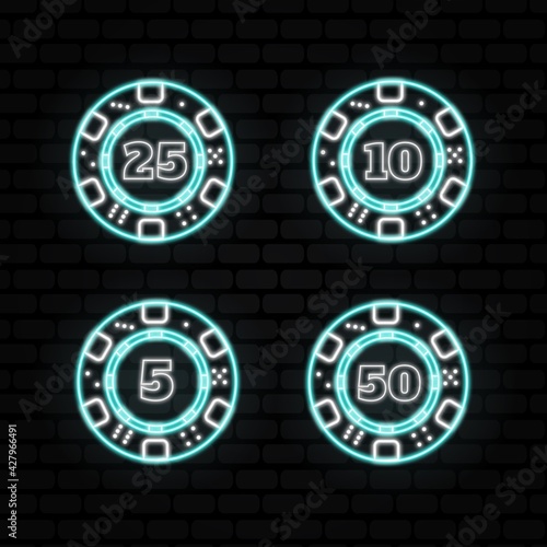 Poker chips neon collection vector icons set. Isolated on black Background. Casino Emblems and Labels, Bright Neon Sign, Poker. Vector illustration