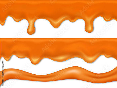 Caramel dripping. Caramel sauce or liqued chocolate drip from top. 3d realistic illustration of flowing vanilla toffee sauce, honey or brown sugar syrup collection with vector brushes