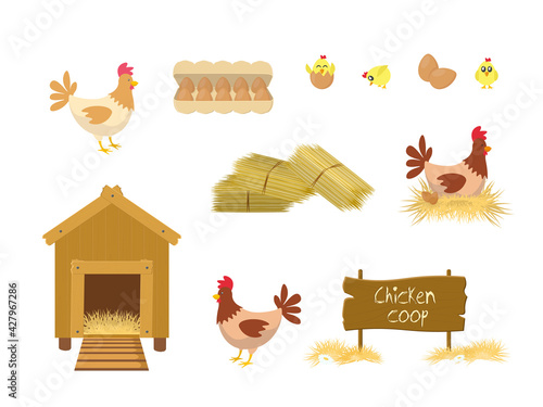 Chicken coop and hays on white background. Chicken Coop Chicks Elements Illustration
