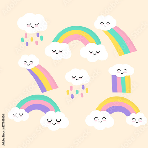 Rainbow with cute clouds - cute rainbow decoration. Little rainbow and clouds. Cartoon rainbow. Isolated. White background Flat design.