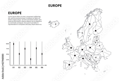 Europe communication network map. Vector image of a low poly global map with city lights. Map in the form of lines and dots