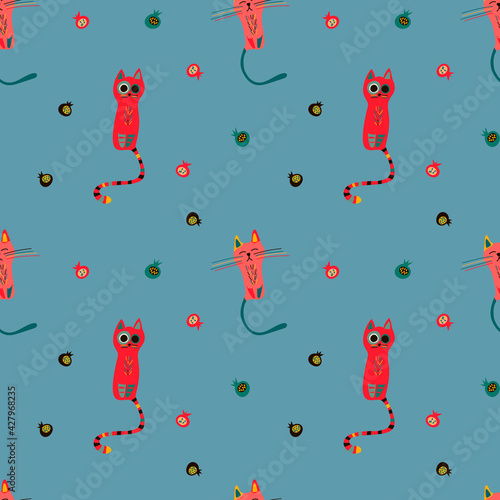 Vector seamless pattern with cute cats in the Scandinavian style on a colored background. Children's illustration for pajamas, posters, postcards, toys, clothing