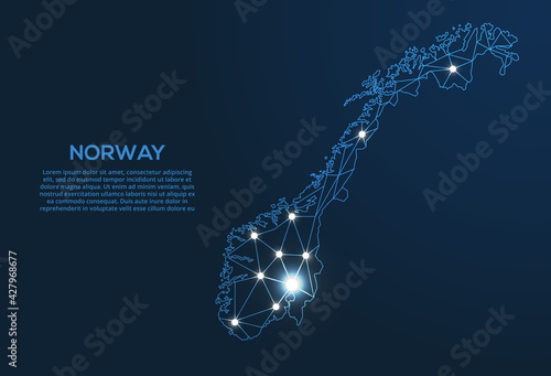 Norway communication network map. Vector low poly image of a global map with lights in the form of cities. Map in the form of a constellation, mute and stars