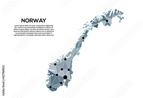 Norway communication network map. Vector image of a low poly global map with city lights. Map in the form of triangles and dots