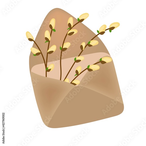 Cute vintage envelope with pussy willow bouquet. Bright festive template for Palm Sunday. Vector isolated on white background for internet networks.