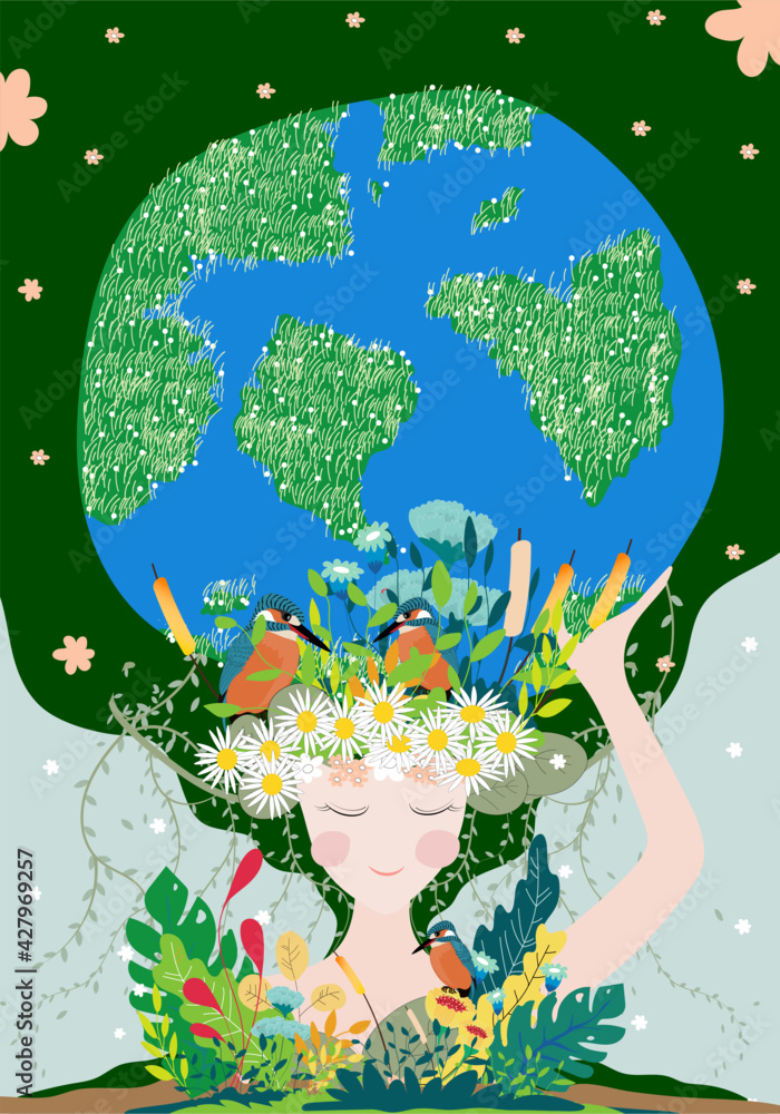 Mother earth day poster with planet, nature and beauty woman. Cute cartoon  Vector Girl with wild