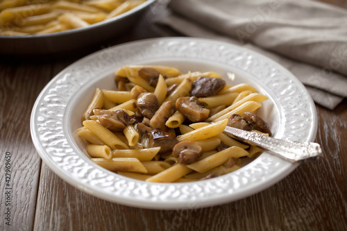 Pasta with Mushrooms Sauce in a plate. photo