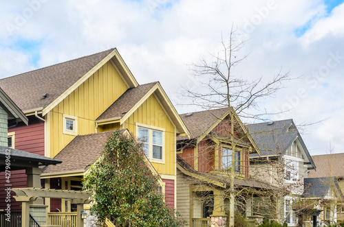 A perfect neighborhood. Houses in suburb at Spring in the north America.