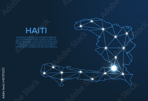 Haiti communication network map. Vector low poly image of a global map with lights in the form of cities. Map in the form of a constellation, mute and stars