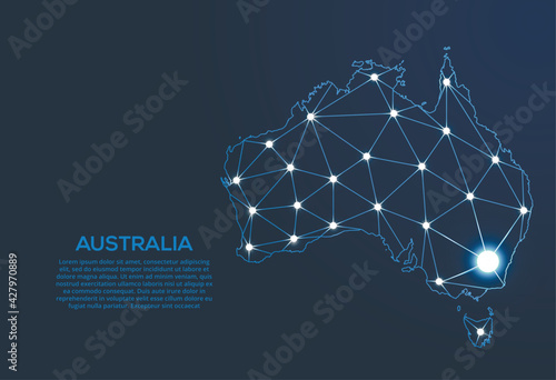 Australia communication network map. Vector low poly image of a global map with lights in the form of cities. Map in the form of a constellation, mute and stars