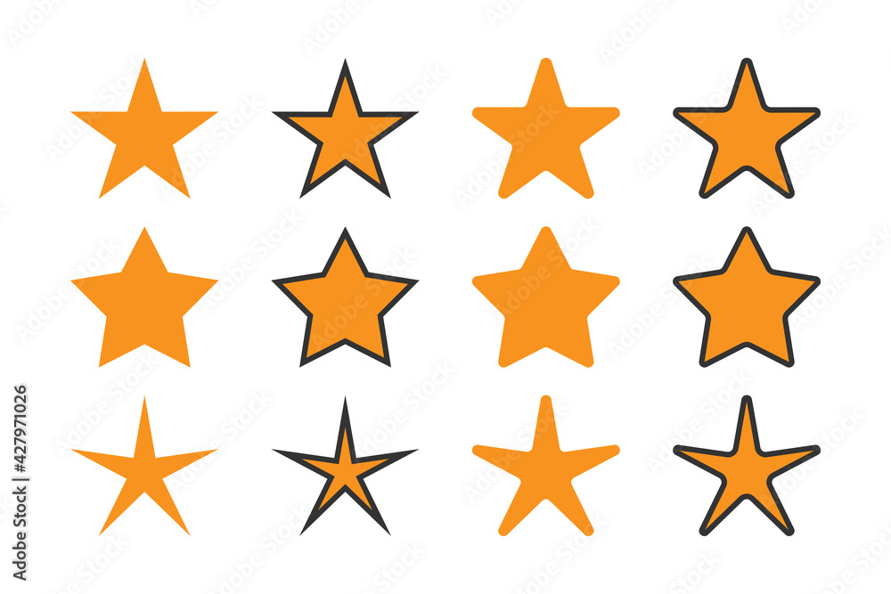 Set Of Star Icons. Yellow Stars Decoration isolated on White Background. Flat Vector Illustration Design Template Elements. Set Of Star Icons. Yellow Stars Decoration isolated on White Background. Flat Vector Illustration Design Template Elements.