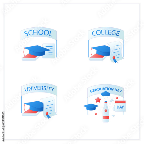 Graduation flat icons set. School, college, university graduation. Studying concept. 3d vector illustrations