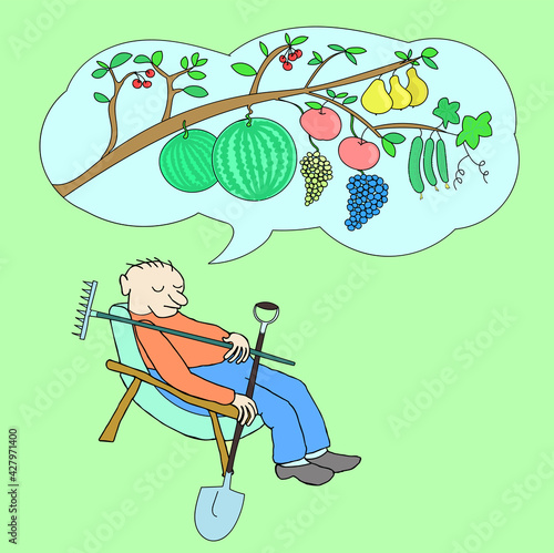 Man slumbers and dream. Dreams of a wonderful harvest. Illustration color