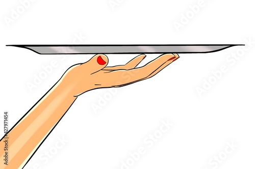 female hand holding an empty tray color isolated illustration