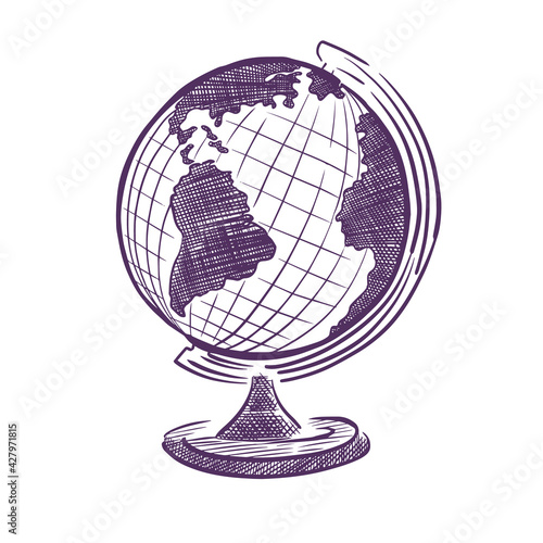The globe is drawn with a pen. Graphic hatching. Vector illustration