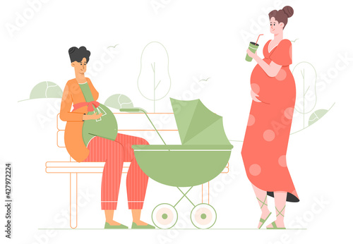 Pregnant girlfriends on a walk in the park. Mom with a baby carriage sits on the bench. Vector flat illustration.