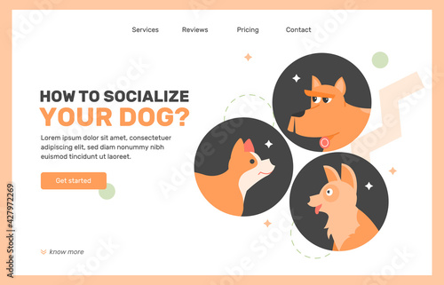 Socialization and training of pets. Dog camp. Landing page design concept. Vector flat illustration.