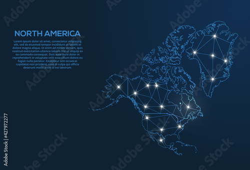 North America communication network map. Vector low poly image of a global map with lights in the form of cities. Map in the form of a constellation, mute and stars