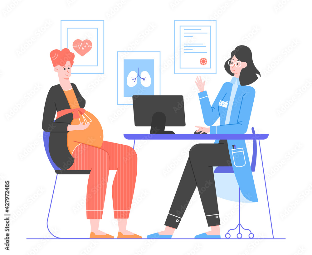 Pregnant woman at the doctor's appointment. Future mother and gynecologist. Clinic, hospital, pregnancy and childbirth management. Vector flat illustration. Pregnant woman at the doctor's appointment. Future mother and gynecologist. Clinic, hospital, pregnancy and childbirth management. Vector flat illustration.