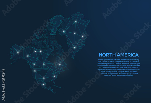 North America communication network map. Vector low poly image of a global map with lights in the form of cities. Map in the form of a constellation, mute and stars photo
