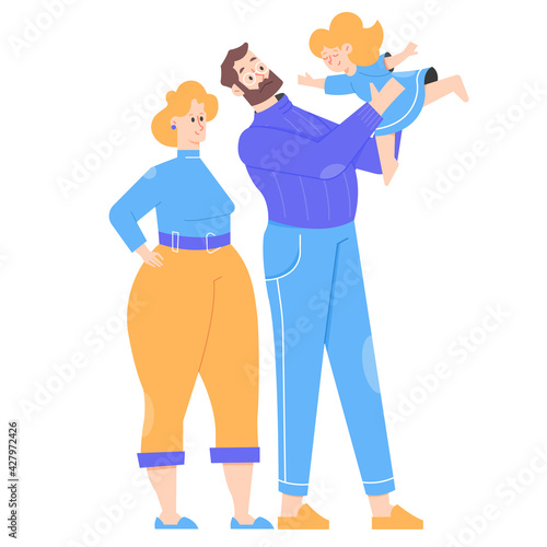 The family stands together. Cheerful blonde mom, dad is holding a cute daughter. Man, woman and girl. Happy bright characters. Vector flat illustration.