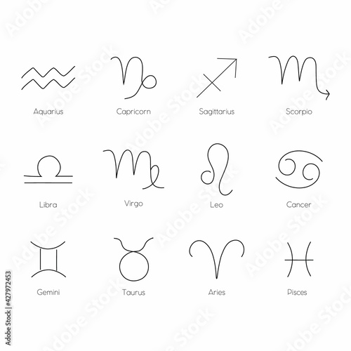 Minimalist zodiac sign icons, Horoscope constellation vector illustration. Star signs for astrology horoscope. isolated. Minimal zodiac line stylized symbols.
