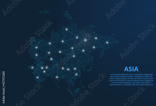 Asia communication network map. Vector low poly image of a global map with lights in the form of cities. Map in the form of a constellation, mute and stars