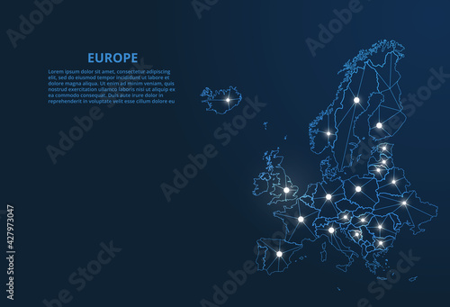 Europe communication network map. Vector low poly image of a global map with lights in the form of cities. Map in the form of a constellation, mute and stars