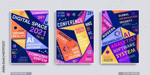 A4 poster template with geometric composition. Bright flat style shapes with typographics design. Trendy vector polygonal illustration