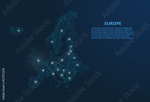 Europe communication network map. Vector low poly image of a global map with lights in the form of cities. Map in the form of a constellation, mute and stars