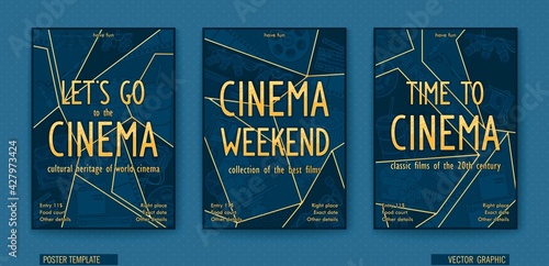 Time to cinema. Ready billboard for the movie theater. Vector linear drawing. Trendy polygonal graphics in comic storyboard style.