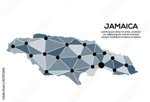 Jamaica communication network map. Vector image of a low poly global map with city lights. Map in the form of triangles and dots