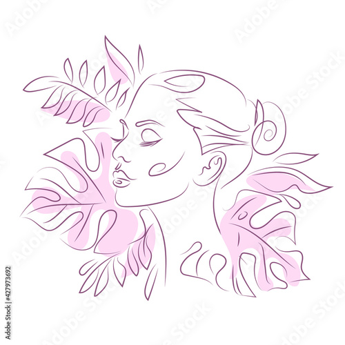 Girl face with tropical leaves line drawing. Leaves bouquet behind the head woman head. Nature cosmetics. Minimalist hand draw artwork