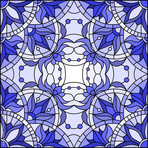 Illustration in stained glass style with abstract swirls and leaves on a light background,square orientation, tone blue
