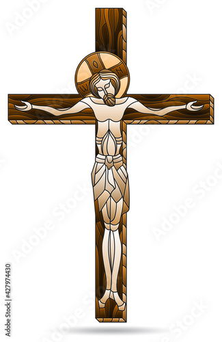 Illustration in stained glass style with crucifixion and Jesus Christ, isolated on white background, monochrome,tone brown