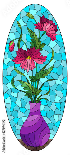 Illustration in the style of a stained glass window with a floral still life, a vase with pink  flowers  on a blue background, oval image 