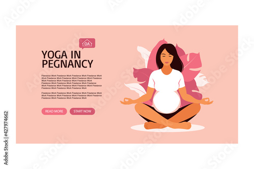 Pregnant woman doing prenatal yoga. Landing page template. Vector illustration. Vector. Flat
