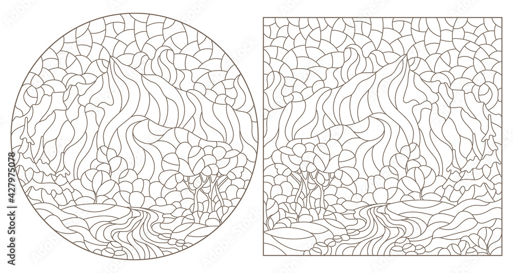 Set of contour illustrations in the style of stained glass with mountain landscapes, dark outlines on a white background Set of contour illustrations in the style of stained glass with mountain landscapes, dark outlines on a white background