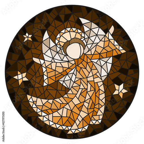 Illustration in stained glass style with an abstract angel in a robe, round picture,monochrome,tone brown 